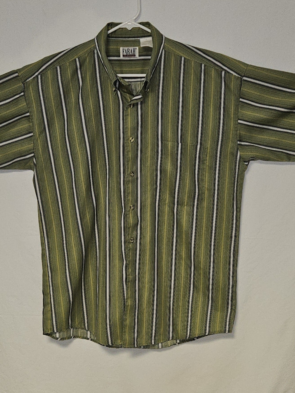 Farah Men's Olive Green Striped Button-Down Shirt. Size L